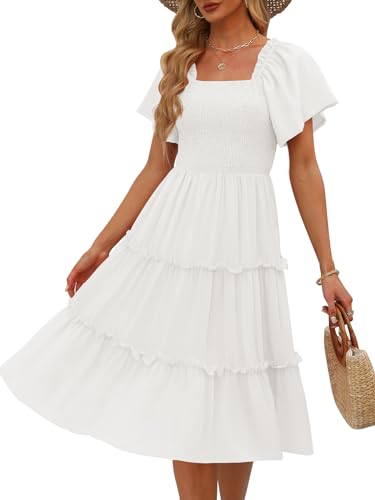 LILLUSORY Summer Midi Flowy Beach Sun Dresses Sundresses Women 2024 Casual Trendy Clothes Outfits Bridal Shower Modest Graduation Resort Wear Vacation Dress White