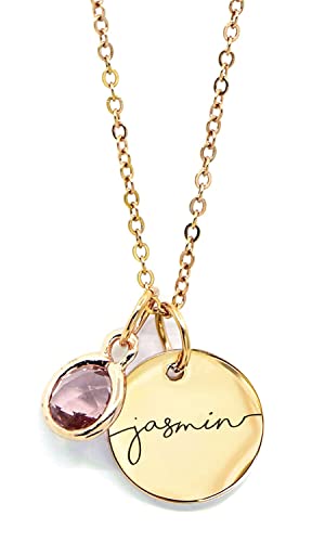 Personalized Birthstone Name Necklace Gold Plated Disc Pendant Charm, Custom Jewelry Gift for Women, Birthday and Holiday Necklace, Personalized Gifts for New Moms -CN-BS-SH