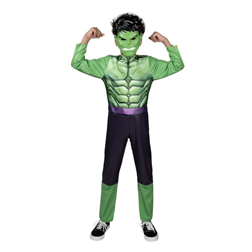 Marvel Hulk Official Youth Halloween Costume - Premium Quality Fabric Jumpsuit with Printed Design and Plastic Mask (Medium) Green