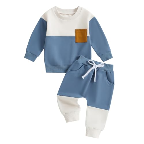 Kupretty Toddler Baby Boy Fall Winter Clothes Color Block Long Sleeve Sweatshirt Pullover Tops + Joggers Pants Outfit Set (Blue White, 18-24 Months)