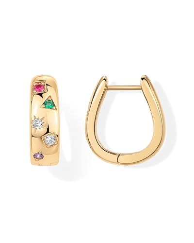 PAVOI 14K Yellow Gold Plated 925 Sterling Silver Posts Chunky Huggie Earrings for Women | Multi-Colored Cubic Zirconia Statement Hoop Earrings