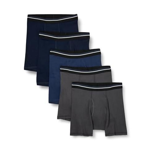 Amazon Essentials Men's Comfortable Cotton Tag-Free Boxer Brief, Pack of 5, Charcoal/Dark Blue/Dark Navy, XX-Large