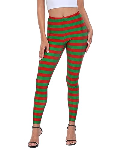 HDE Trendy Design Workout Leggings - Fun Fashion Graphic Printed Cute Patterns Red & Green Holiday Stripes - M