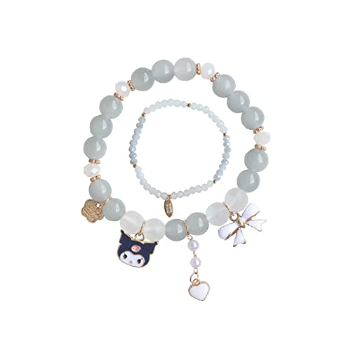 NIQIPOK kawaii Crystal Bead Bracelet Kuromi and My Melody Sanrio Bracelets for Bff Best Friend Cute Cartoon Kawaii Elastic Relationship Matching Bracelets (Gray)