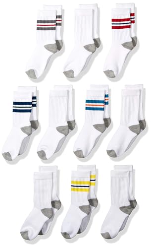 Amazon Essentials Boys' Cotton Crew Sports Socks, 10 Pairs, White Stripe, Medium