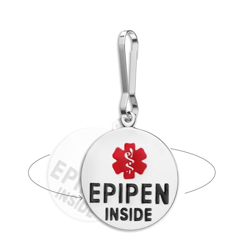 Divoti EpiPen Inside Bag Tag 1' - with Zipper Pull | Pre-Engraved Stainless Steel Dual-Sided | Bold Lettering