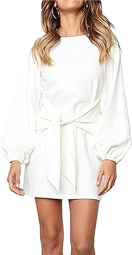 PRETTYGARDEN Women's Elegant Long Lantern Sleeve Short Dress Crewneck Tie Waist Knit Cocktail Dress (White,Small)