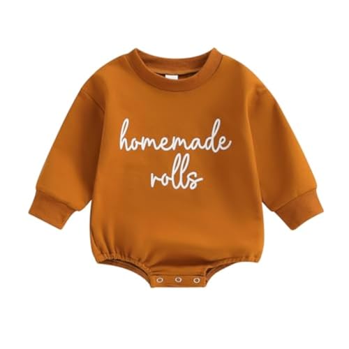 Thanksgiving Baby Girl Boy Outfit Newborn Bubble Romper Fall Winter Infant Long Sleeve Sweatshirt Top Cute Clothes (A Homemade Rolls Brown,12-18 Months)