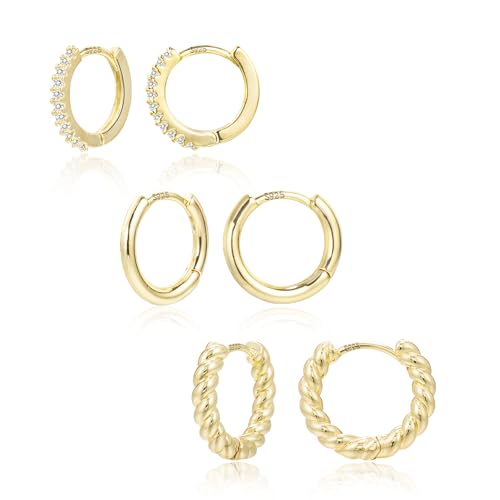 3 Pairs Small Huggie Hoop Earrings Set 14K Gold Hypoallergenic Earrings Lightweight Huggie Hoops Earrings for Women Trendy