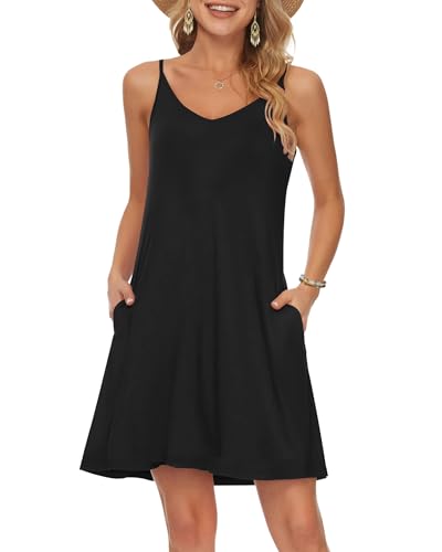 MISFAY Women's Summer Spaghetti Strap Casual Swing Tank Beach Cover Up Dress with Pockets(Black,M)