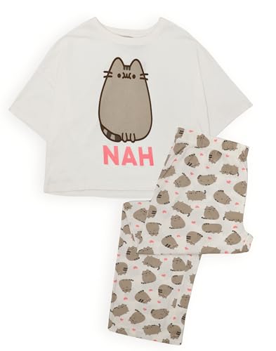 Pusheen Womens Pajama Set | Ladies Cartoon Cat Animal Graphic PJs | White Short Sleeve Long Leg Pajama Merchandise Gift