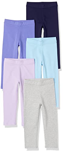 Amazon Essentials Girls' Leggings, Pack of 5, Aqua Blue/Grey/Lilac/Navy/Purple, Small