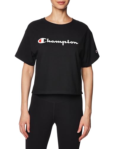 Champion womens Cropped Tee, Script Logo T Shirt, Black-550757, X-Small US