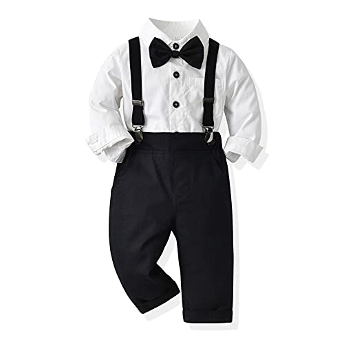 Autumn Baby Boys Clothes Sets Toddler Boy Outfits Gentleman Suits 3pcs Striped Bow Tie Shirts and Suspenders Pants Casual Birthday Formal Wedding Party Dress Suits Black + White 12-18 Months