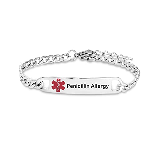 TGLS Red Medical Alert Penicillin Allergy Bracelet for Women Men Emergency First Aid Health Alert Engraved Adjustable Stainless Steel Chain Bracelets