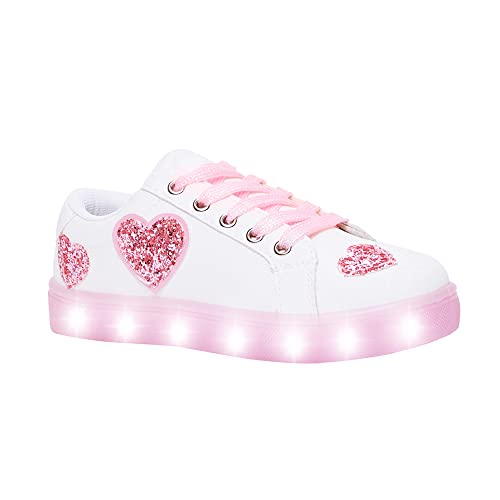 FabKids Girls Light Up Sneakers Glitter Heart White Shoes Low Top Lace Up Tennis Sneaker for Little Kid Size 1