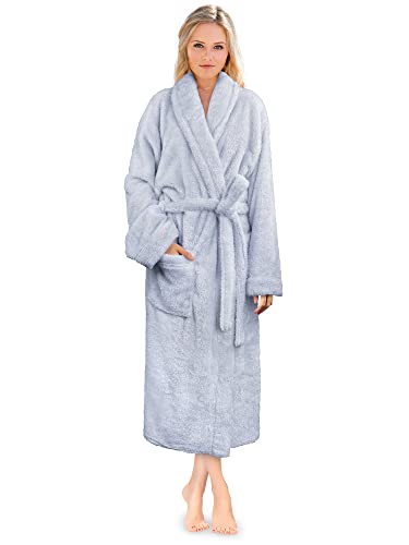 PAVILIA Premium Womens Plush Soft Robe Fluffy, Warm, Fleece Sherpa Shaggy Bathrobe (L/XL, Light Blue)