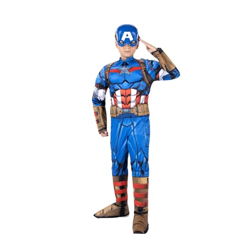 Marvel Captain America Official Youth Halloween Costume - Premium Quality Padded Jumpsuit with Plastic Mask (M) Blue