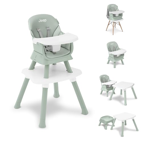 Jeep Milestone 6-in-1 High Chair by Delta Children High Chair Converts to Stool, Booster Seat, Toddler Chair, Activity Table and Desk and Chair, Sage Green