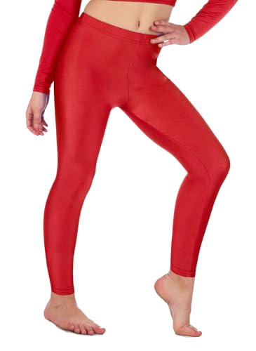 Cute Shiny Girls Leggings for Gymnastics and Dance - Comfortable, Stretchy, Footless Yoga Athletic Wear for Toddlers & Youth, Red, 9-10 Yrs