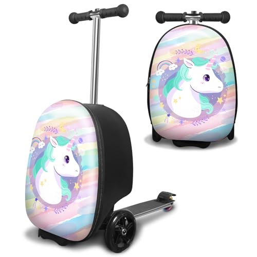 ALVOD Scooter Suitcase for Kids - Scooter Luggage for Kids Lightweight Suitcases with Unicorn Pattern LED Light Wheels (Blue)