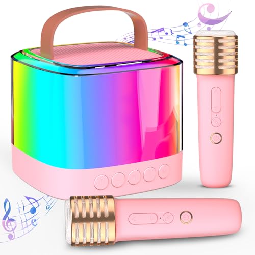 Mini Karaoke Machine for Kids Adults, Portable Bluetooth Karaoke Speaker with 2 Wireless Mics and LED Color Lights, Inside The Car, Party, Home KTV, Birthday for Girls/Boys Ages 3-12+, Pink