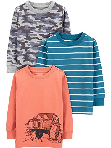 Simple Joys by Carter's Boys' 3-Pack Long Sleeve Shirts, Camo/Monster Trucks/Stripe, 18 Months