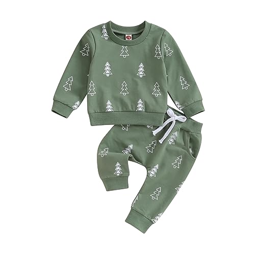 Kupretty Baby Boy Christmas Outfit Toddler Winter Clothes Santa Long Sleeve Crewneck Sweatshirts + Pants Clothing Sets (Christmas Tree-Green, 12-18 Months)