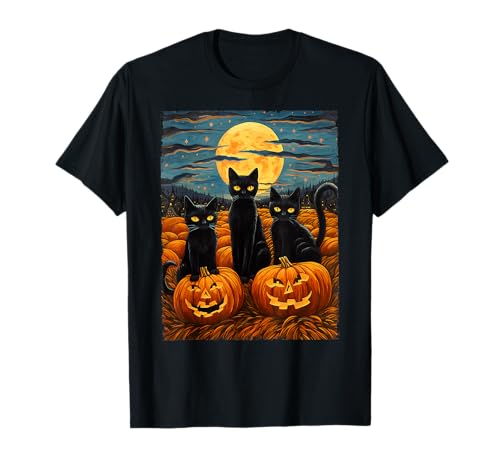 Black Cat Halloween Cat Lovers Starry Night Cat Van Gogh Cat T-Shirt