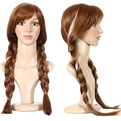 Anogol Hair Cap+ Pigtail Princess Wig for Women Braided Brown Cosplay Wig Brown Highlighted Braids Women Brown Hair Wig for Princess Costume Cosplay Party Princess Wig for Halloween Christmas