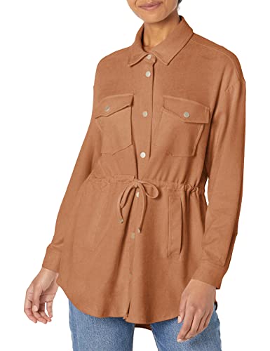 [BLANKNYC] Womens Luxury Clothing Faux Suede Shirt Jacket with Drawstring Waist Detail, Comfortable & Stylish Shacket, Rusty Rivets, Medium