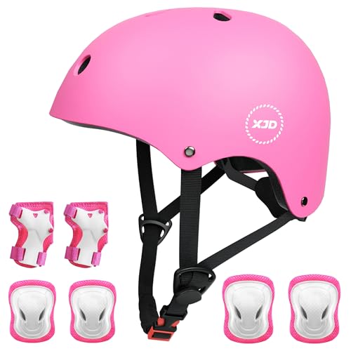 XJD Kids Bike Helmet,Multi-Sport Protective Gear Set for 3-5-8-14 Years Boys Girls with Knee and Elbow Pads Wrist Guards fit Roller Skates,Cycling,Skateboarding,Skating Scooter (Pink, Small)