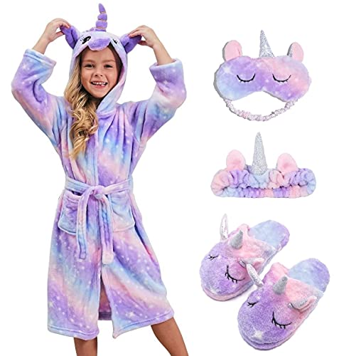 CHETOSHO Soft Unicorn Hooded Robe with Matching Slippers Headband and Blindfold for Girls - Purple Stars 5-6 Years