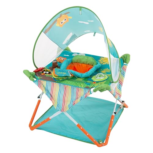 Bright Starts by Summer Infant Pop 'N Jump Portable Baby Activity Center, Indoor Outdoor Use, Lightweight, Carrying Bag, Canopy, 6-12 Months (Animals)