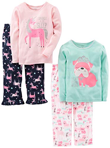 Simple Joys by Carter's Girls' 4-Piece Pajama Set (Cotton Top & Fleece Bottom), Mint Green Puppy/Navy/Pink Unicorn/White Dogs, 6