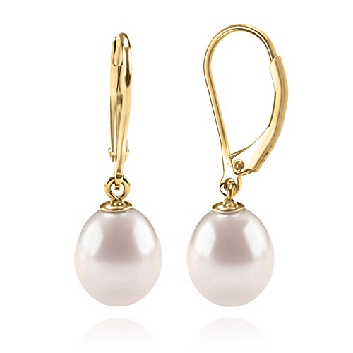 PAVOI 14K Yellow Gold Plated Freshwater Cultured Pearl Earrings Leverback Dangle Studs - Handpicked AAA Quality 9mm