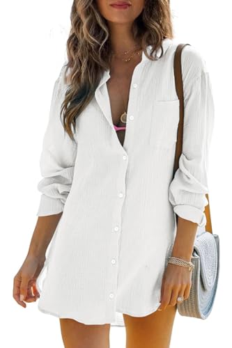 Womens Beach Cover Up Button Down Shirts Summer Cotton Gauze Tops Long Sleeve Bikini Swimsuit