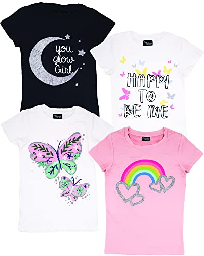 MISS POPULAR Girls 4-Pack Super Soft Short Sleeve T-Shirts Rainbow Butterfly Glitter Print Cute Design| Sizes 7-16