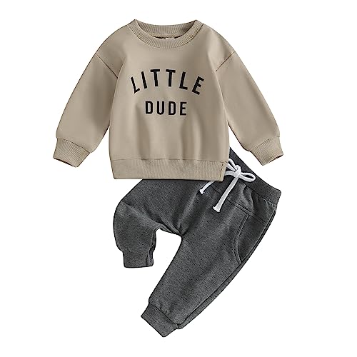 Newborn Baby Boy Fall Clothes Long Sleeve Round Neck Letter Print Sweatshirt Top Long Pants Cute Toddler Winter Outfits (Khaki, 18-24 Months)