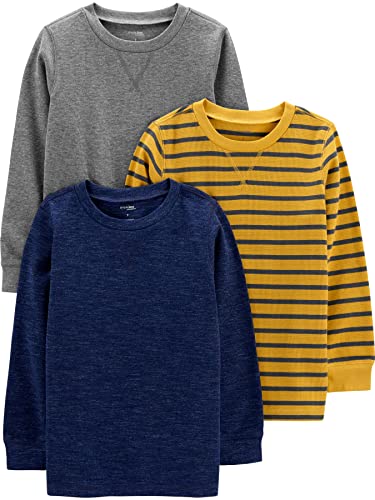 Simple Joys by Carter's Boys' 3-Pack Thermal Long Sleeve Shirts, Grey/Navy Heather/Yellow Stripe, 5T