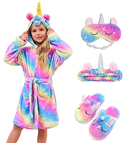 CHETOSHO Soft Unicorn Hooded Robe with Matching Slippers Headband and Blindfold for Girls - Blue/Pink Stars 5-6 Years