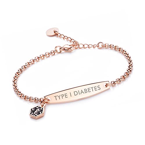 LinnaLove-Pre-engraved Simple Rolo chain Medical alert id bracelet for Women- Type 1 Diabetes-Rose gold