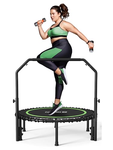 BCAN 450/550 LBS Foldable Mini Trampoline, 40'/48' Fitness Trampoline with Bungees, U Shape Adjustable Foam Handle, Stable & Quiet Exercise Rebounder for Kids Adults Indoor/Garden Workout