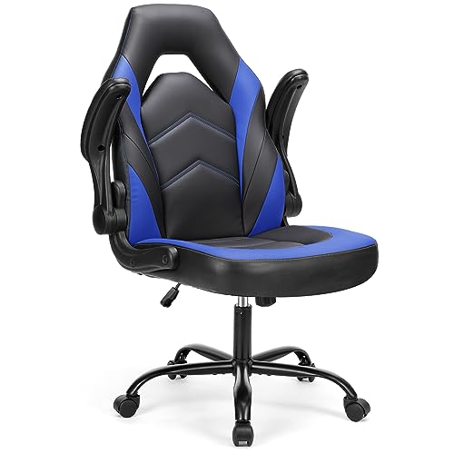 Sweetcrispy Computer Gaming Desk Chair - Ergonomic Office Executive Adjustable Swivel Task PU Leather Racing Chair with Flip-up Armrest for Adults, Kids, Men, Girls, Gamer, Black Blue