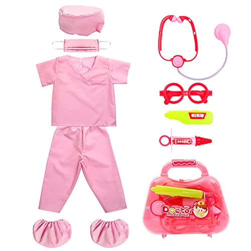 Kid’s Scrubs fedio Role Play Costume Dress up Set with Medical Toy Kit for Toddler Children Ages 3-5 (Hot Pink)