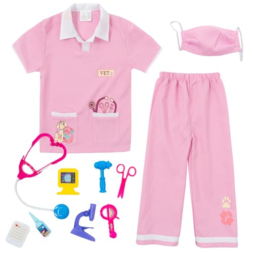 lontakids Kids Animal Doctor Role Play Costume Veterinarian Pretend Play Dress Up Set with Medical Kit (6-8 Years, Pink)