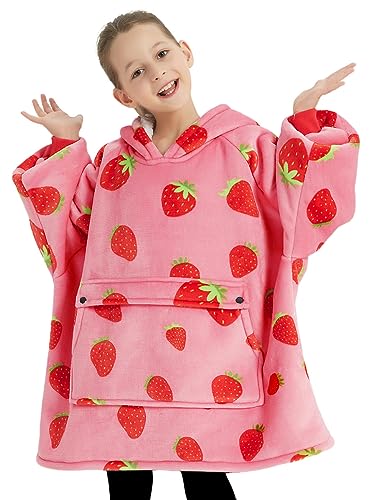 KFUBUO Wearable Blanket Hoodie for Kids Sherpa Patterns Oversized Sweatshirt Blanket With Pocket 6-10 Year Old Girl Cute Hoodies Gift Strawberry