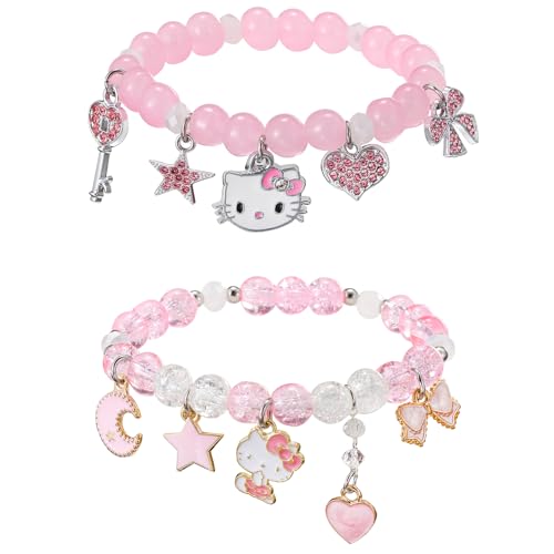 2PCS Kawaii Kitty Cute Bracelets Set Anime Y2k Bracelets Friendship Bracelets Heart-Bow-Pentagram-Crown Charm Bracelets Pink Crystal Bead Elastic Bracelets Birthday Christmas Jewelry Present (Love&Pentagram&Bow&Star&Moon)