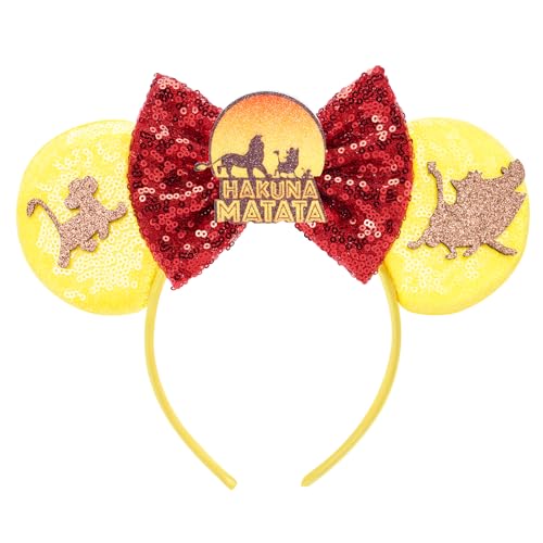 LYLIN Lion King Ears Headbands, Yellow Mouse Ears with Sequin Bow for Women Girls Adults, Sparkle Mouse Ears Hair Accessories for Birthday Parties Cosplay Accessories Party Decorations(Hakuna Matata)