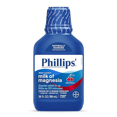 Phillips’ Milk of Magnesia Liquid Laxative, Wild Cherry Flavor, Stimulant Free, Cramp Free Relief of Occasional Constipation*, Effective in 30 minutes - 6 hours, #1 Milk of Magnesia Brand, 26 oz